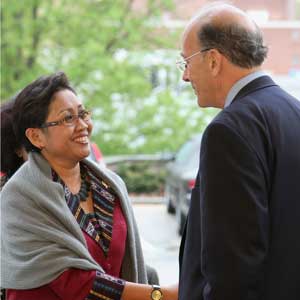 Fogarty Director Dr. Roger Glass greets Dr. Endang, the Indonesian health minister, n her first visit to NIH since her recent appointment. Photo by Jeff Gray